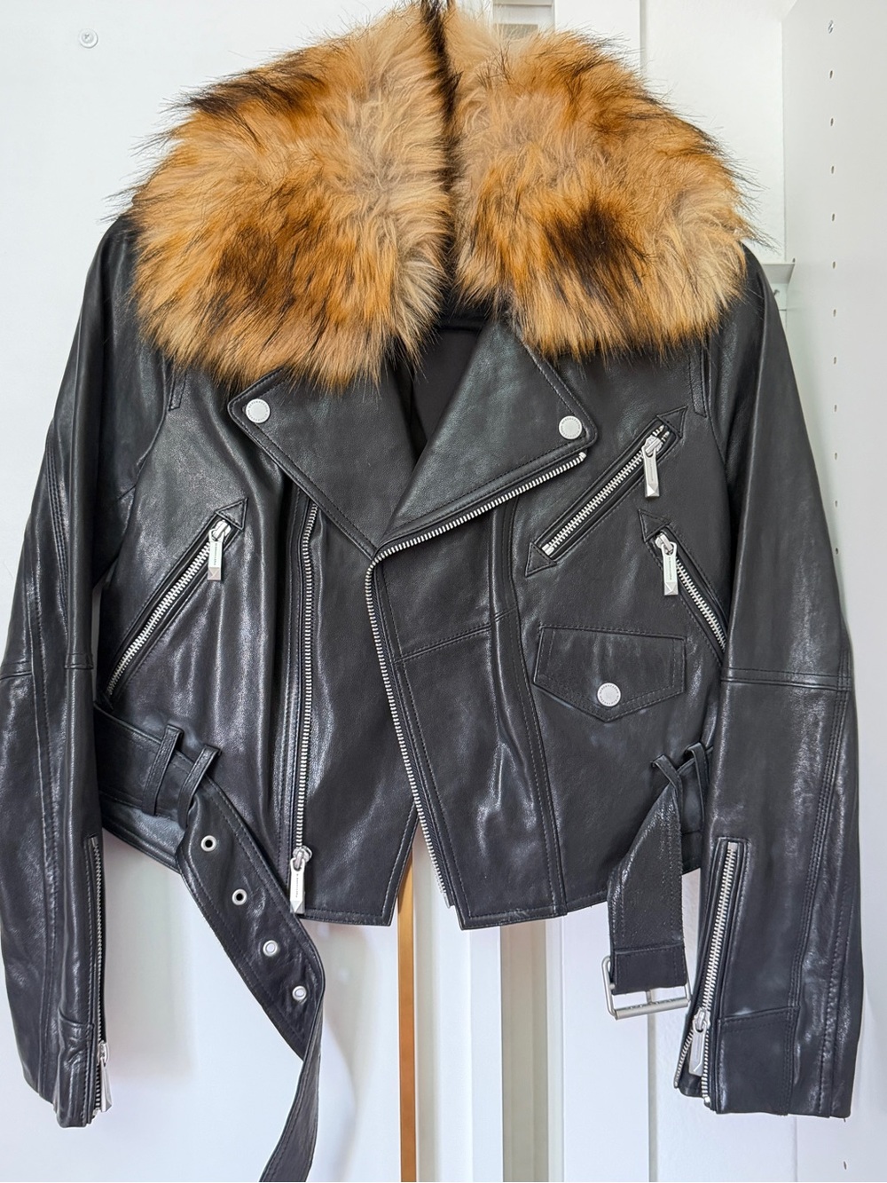 BCBG Women's Black Leather Moto Jacket with Detachable Faux Fur Collar. Size XS.